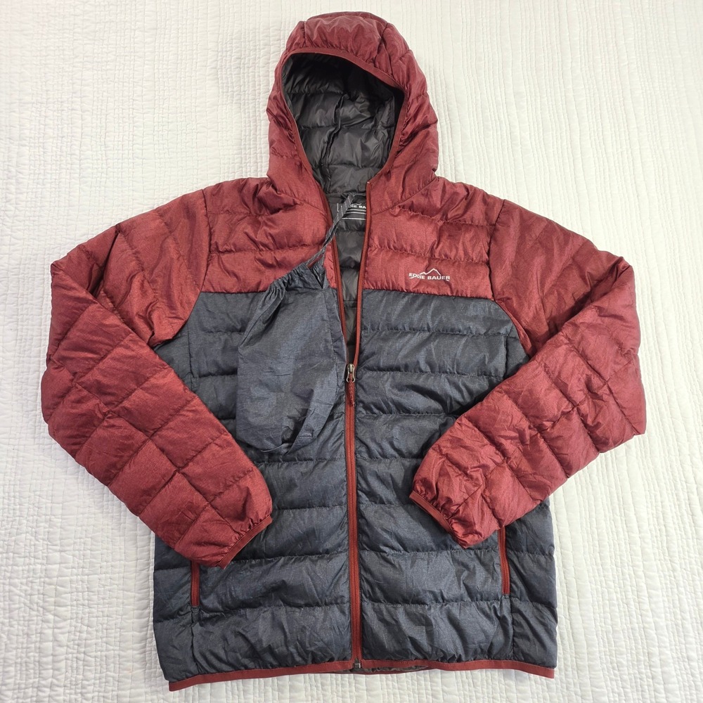 Eddie Bauer Mens Hooded Down Puffer Jacket Maroon Charcoal Winter Coat EUC Sz M